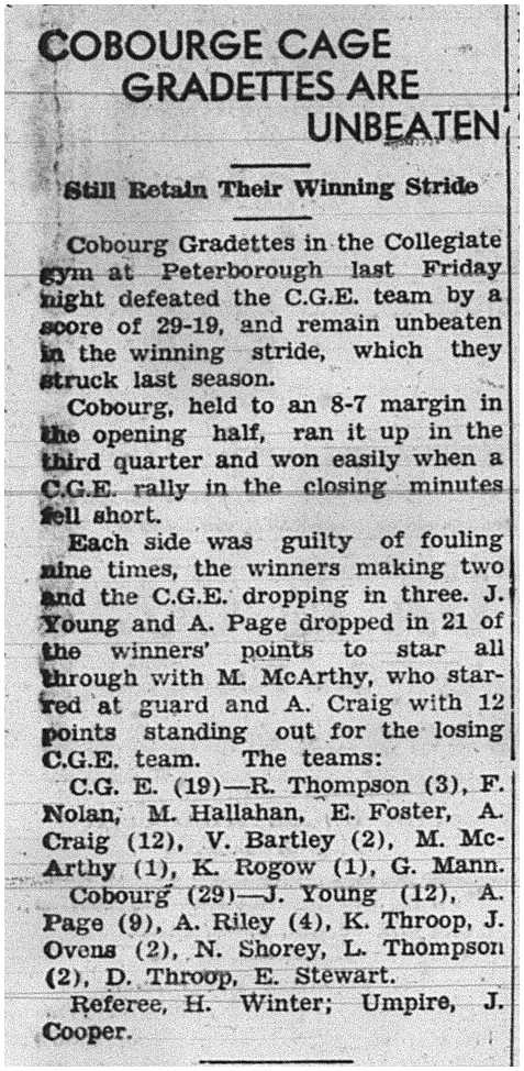 1939-02-16 Basketball -Cobourg vs Peterborough