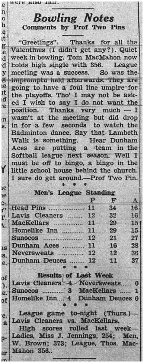 1939-02-16 Bowling -Standings & Notes
