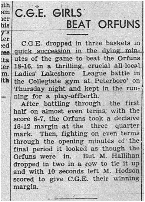 1939-02-23 Basketball -Peterborough CGE Girls vs Orfuns