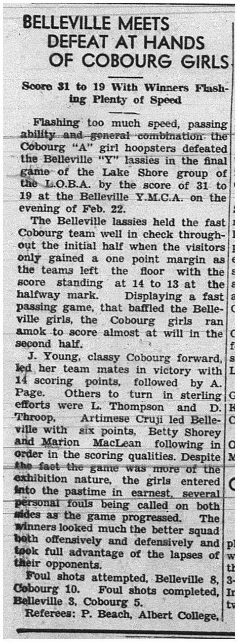 1939-03-02 Basketball -Cobourg 'A' Girls vs Belleville 'Y'