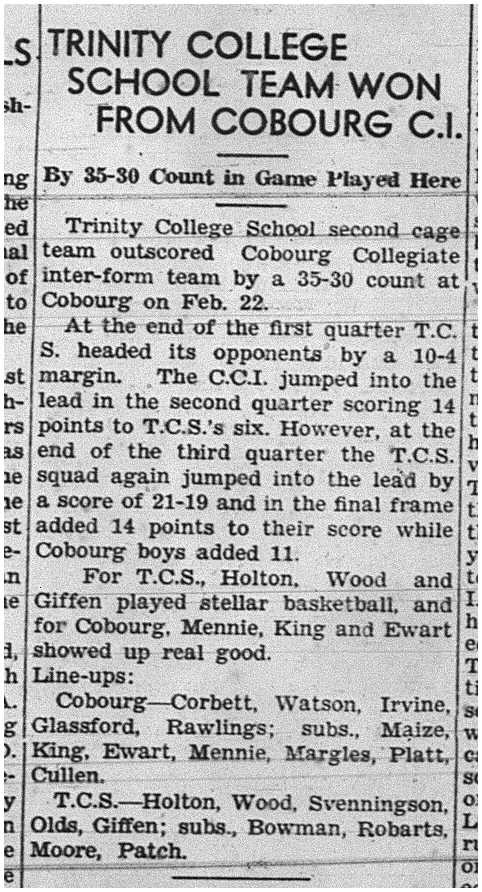 1939-03-02 Basketball -TCS vs Cobourg Collegiate team