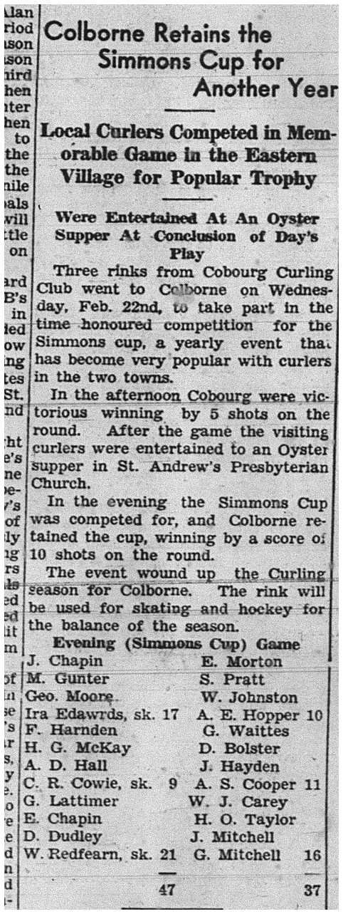 1939-03-02 Curling -Simmons Cup at Colborne