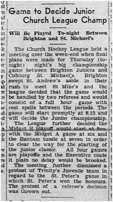 1939-03-09 Hockey -CCHL Juniors Brighton vs St Michaels Final