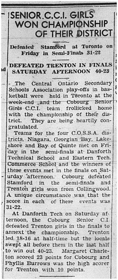 1939-03-30 School -Basketball CCI Senior Girls in COSSA Championships