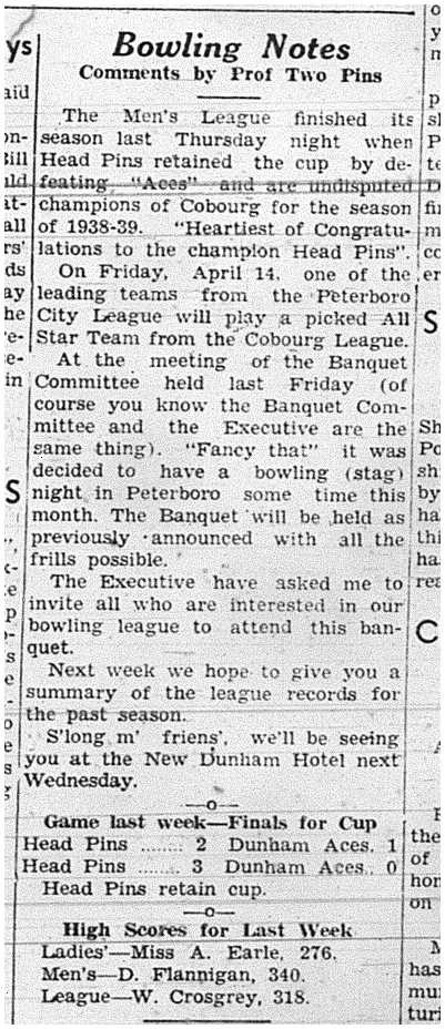 1939-04-06 Bowling -Champions game & Notes