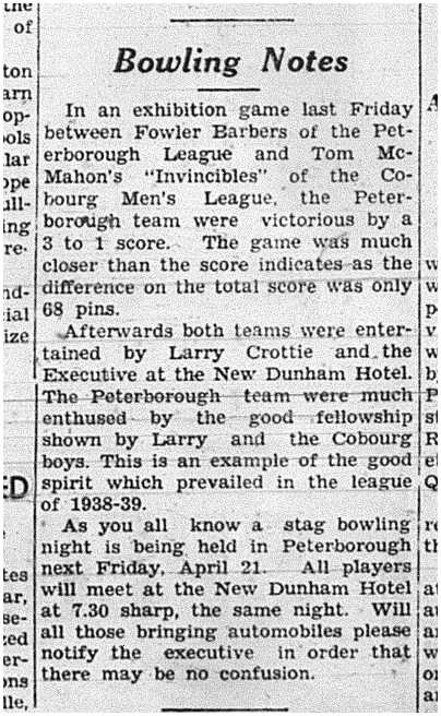 1939-04-15 Bowling -Peterborough vs Cobourg exhibition