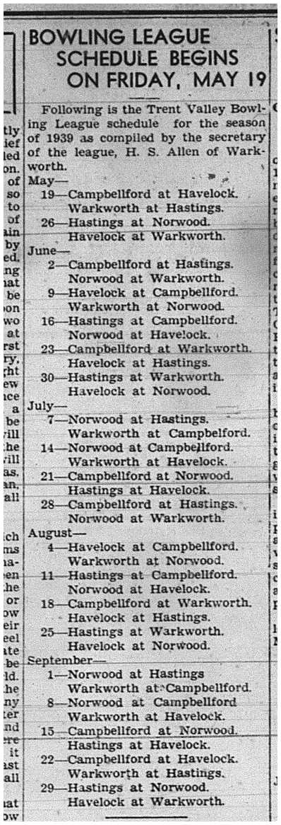 1939-05-11 Lawn Bowling -Trent Valley League Schedule arranged