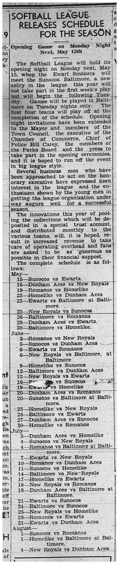 1939-05-11 Softball -Mens League releases Schedule