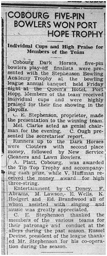 1939-05-18 Bowling -Cobourg 5-pin bowlers win PH Trophy