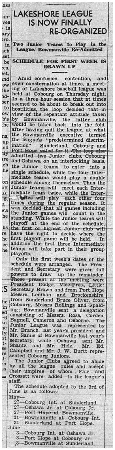 1939-05-25 Baseball -Lakeshore Intermediate League includes 2 Junior Teams