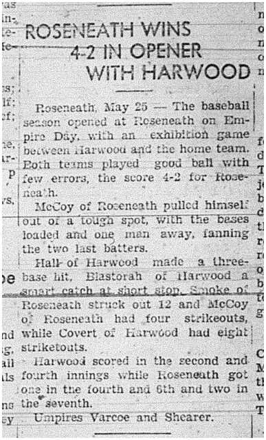 1939-06-01 Baseball -Empire Day Exhibition Roseneath vs Harwood