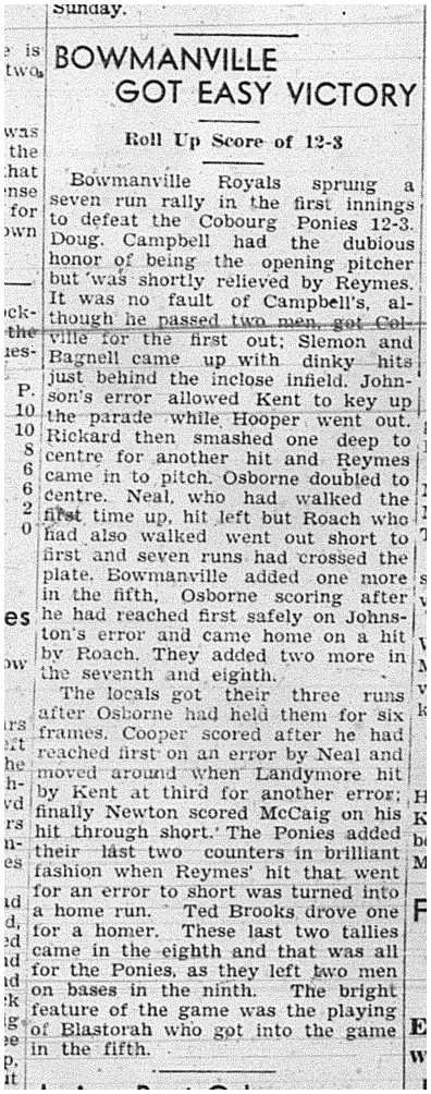 1939-06-29 Baseball -Cobourg Ponies vs Bowmanville
