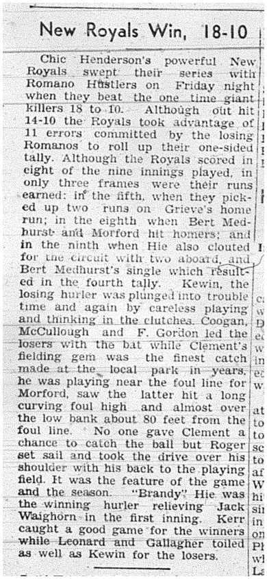 1939-06-29 Softball -Mens League Romano Hustlers vs Royals