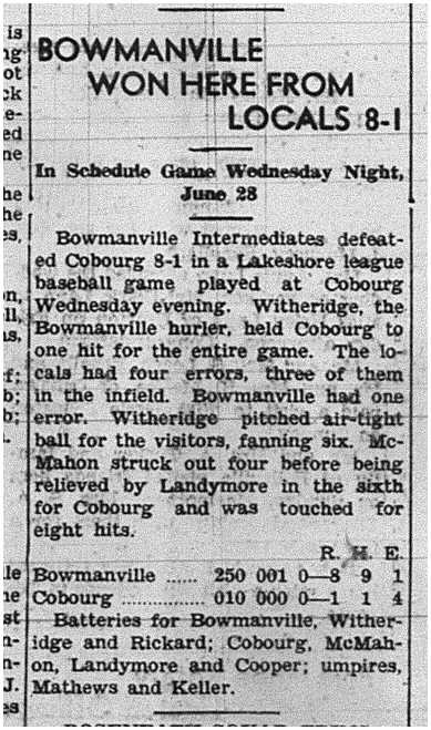 1939-07-06 Baseball -Intermediates vs Bowmanville
