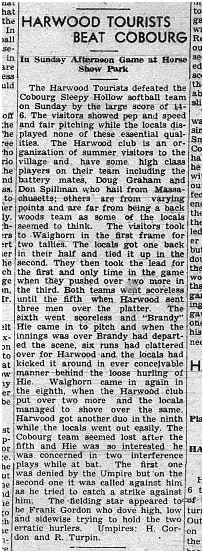 1939-07-06 Softball -Harwood vs Cobourg exhibition
