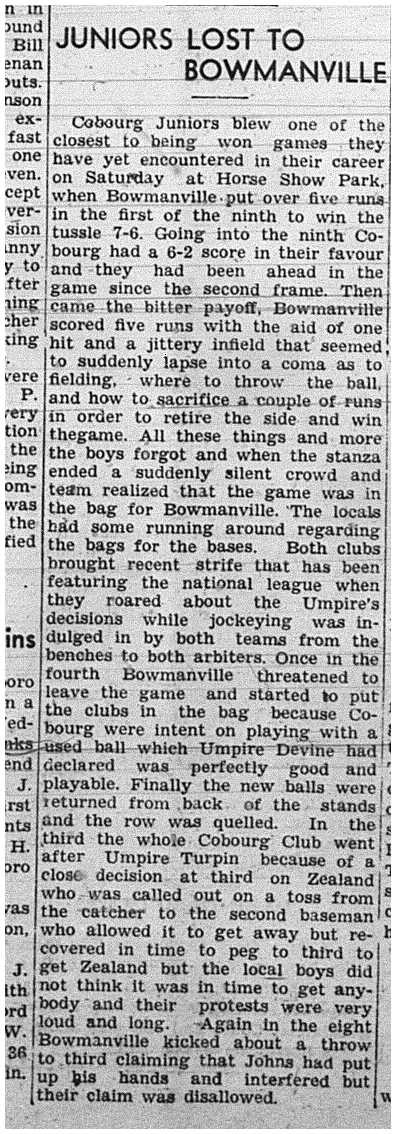 1939-07-27 Baseball -Cobourg Juniors vs Bowmanville