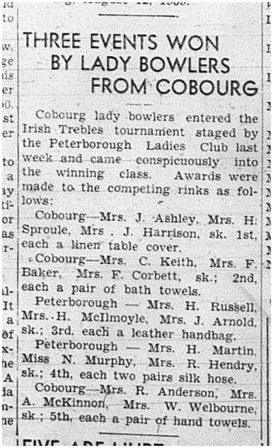 1939-08-17 Lawn Bowling -Ladies vs Peterborough in Irish Trebles Tourney