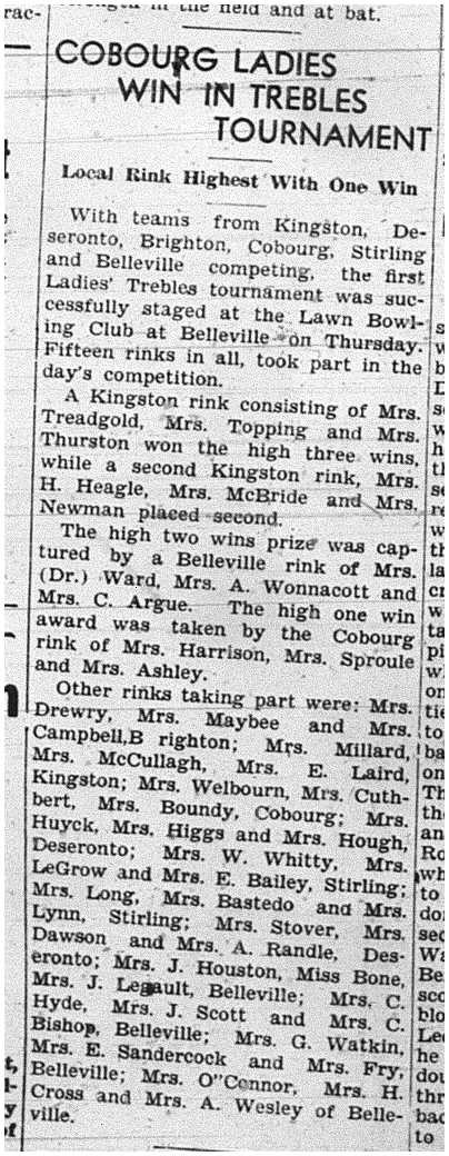 1939-08-31 Lawn Bowling -Ladies Trebles Tourney at Belleville