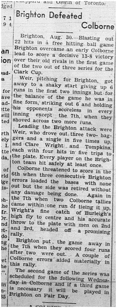 1939-09-07 Baseball -Brighton vs Colborne Playoff