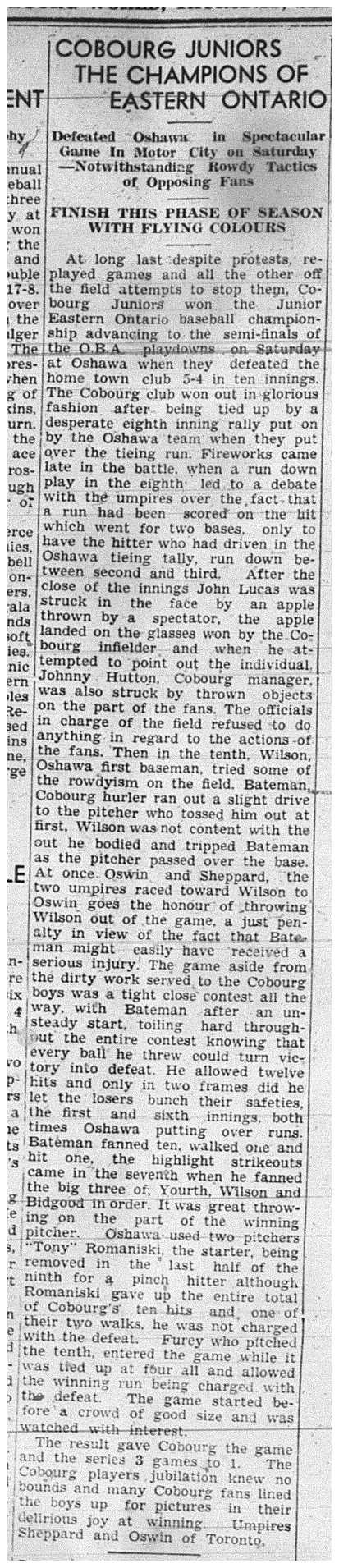 1939-09-07 Baseball -Cobourg Juniors vs Oshawa-Eastern Ontario Championship Game