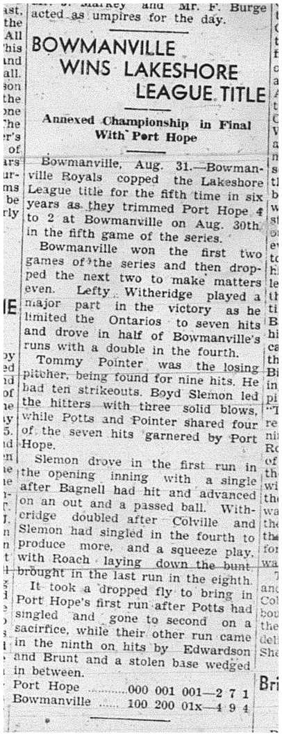 1939-09-07 Baseball -PH Intermediates vs Bowmanville Championship Game