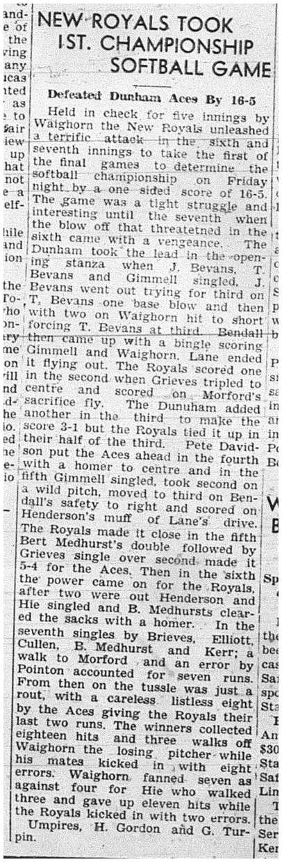 1939-09-07 Softball -Mens League New Royals vs Dunham Championship Game