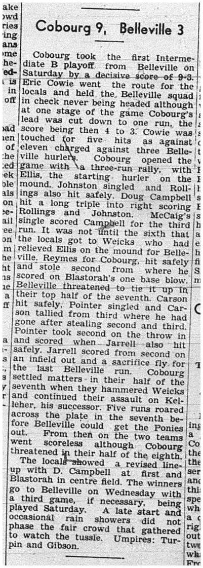 1939-09-14 Baseball -Cobourg Intermediates vs Belleville Playoff