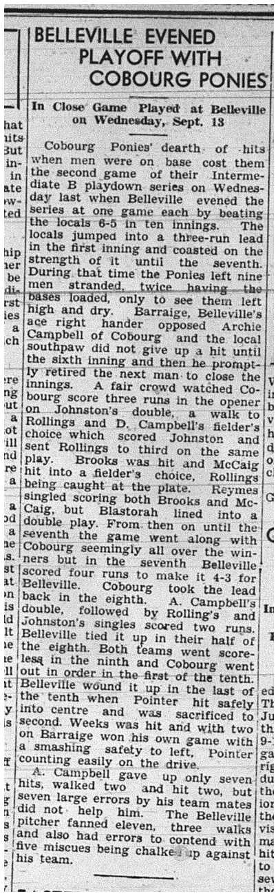 1939-09-21 Baseball -Cobourg Intermediate Ponies vs Belleville Playoff