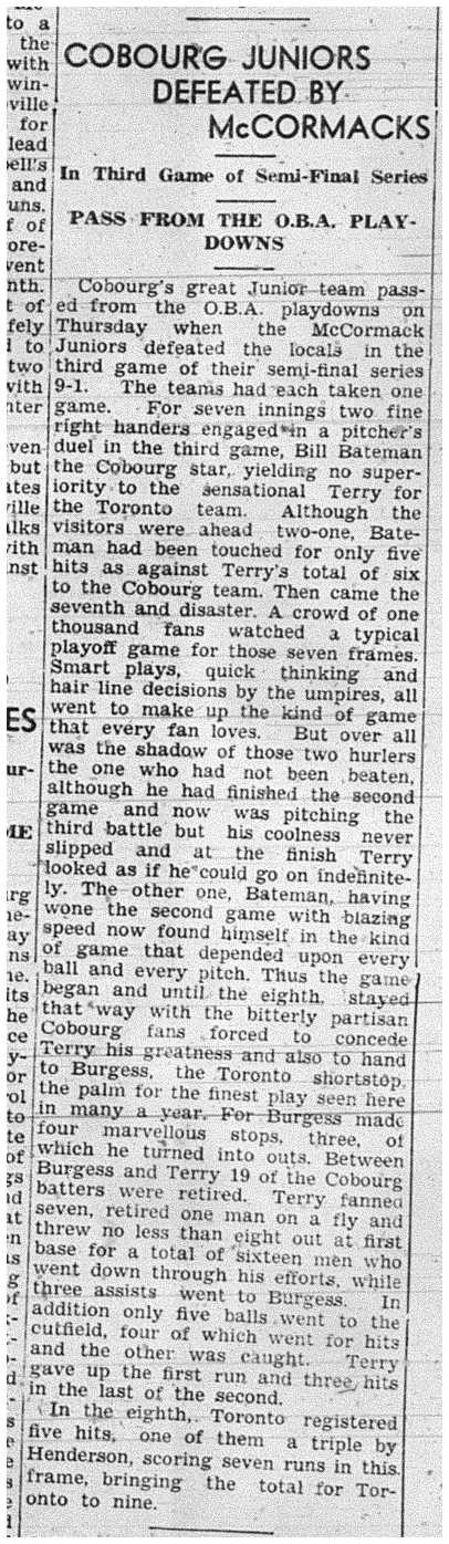 1939-09-21 Baseball -Cobourg Juniors vs TO McCormacks Championship Game