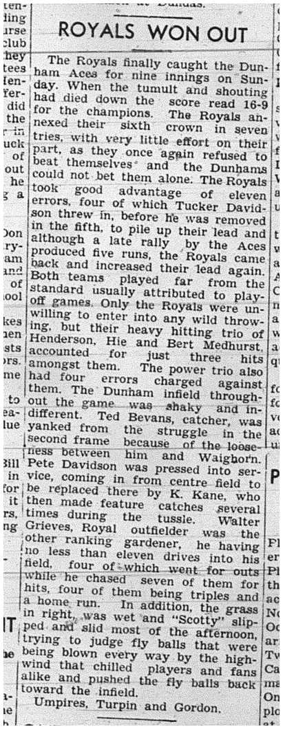 1939-09-28 Softball -Mens League Royals vs Dunham-Championship