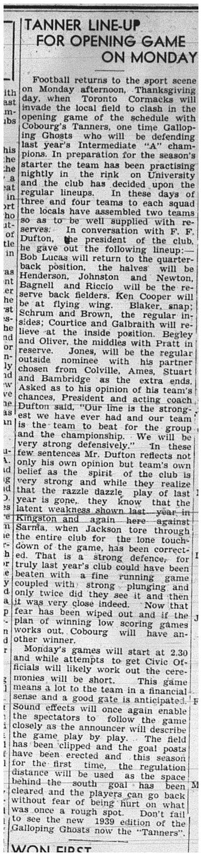 1939-10-05 Football -Cobourg Tanners vs TO Cormacks