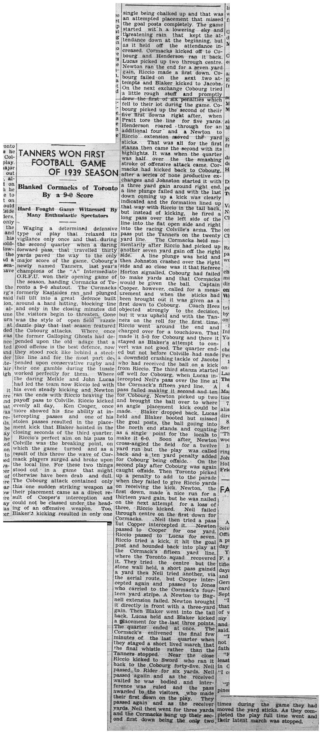 1939-10-12 Football -Cobourg Tanners win vs TO Cormacks