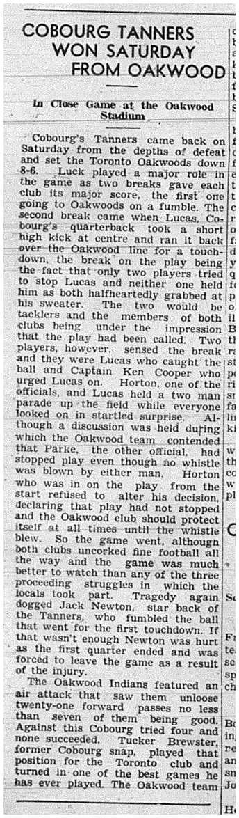 1939-10-26 Football -Cobourg Tanners win vs Oakwood