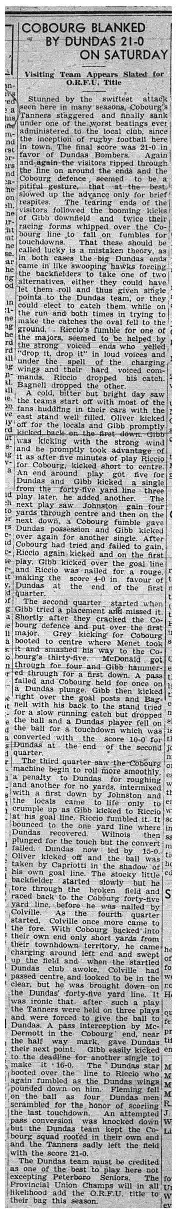 1939-11-02 Football -Cobourg Tanners lose to Dundas