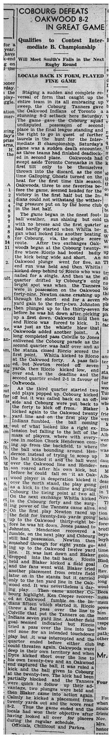 1939-11-30 Football -Cobourg Tanners down Oakwood