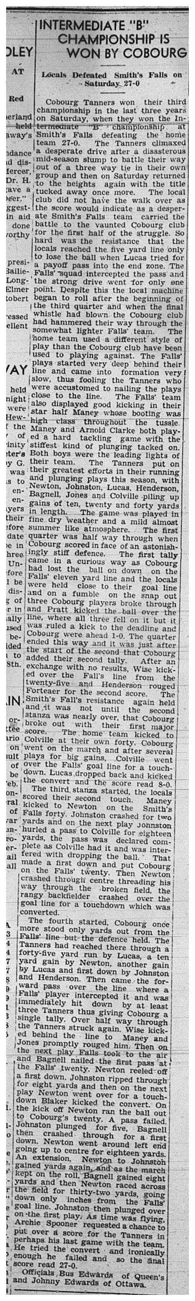 1939-12-07 Football -Cobourg Tanners win Intermediate B Championship vs Smiths Falls