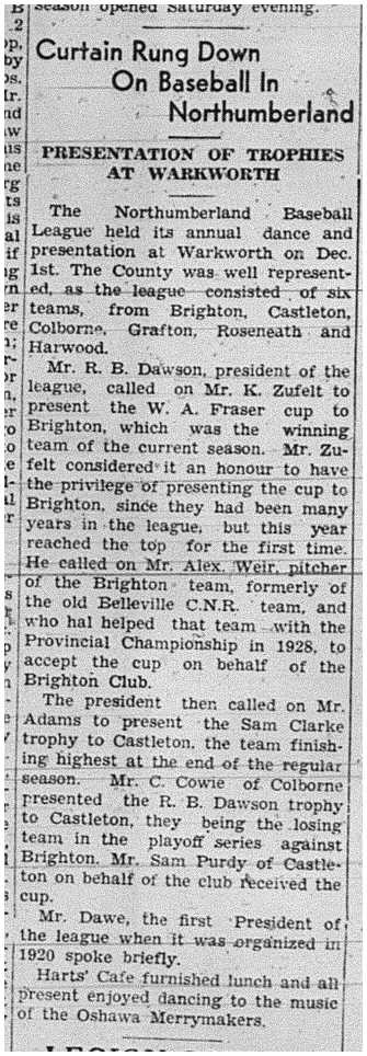 1939-12-14 Baseball -Northumberland League Banquet & Trophy Presentations