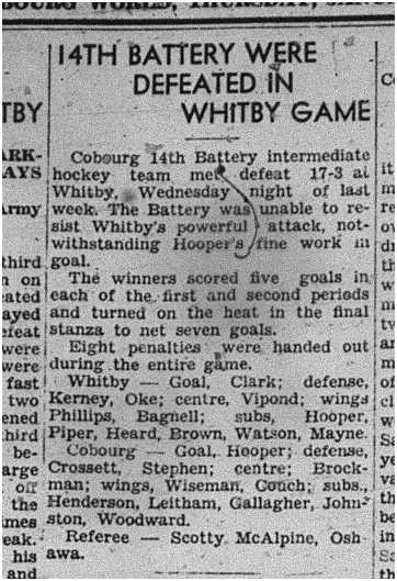 1940-01-18 Hockey -14th Battery vs Whitby