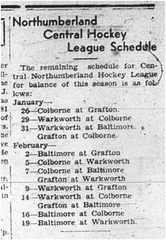 1940-01-25 Hockey -Northumberland Central Remaining Schedule