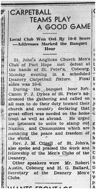1940-02-15 Carpetball -St Johns PH vs St Peters Cobourg