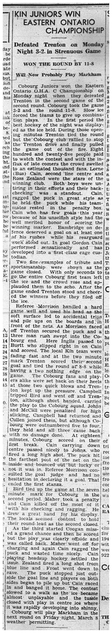 1940-03-07 Hockey -Kin Juniors win vs Trenton-Eastern Ontario Champs