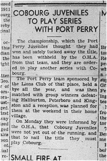 1940-03-28 Hockey -Juveniles-OHA orders Port Perry to play Cobourg