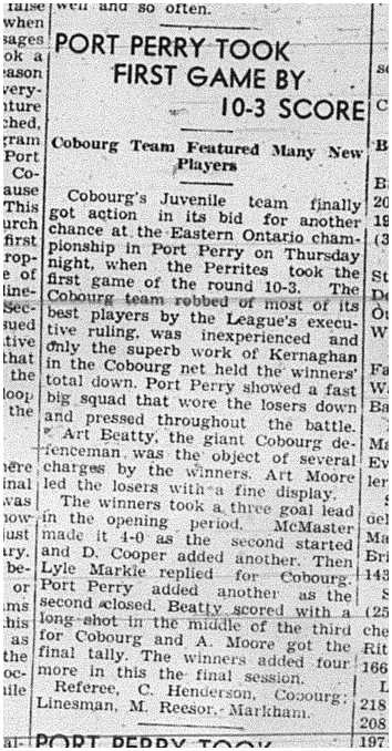 1940-04-04 Hockey -Juveniles Cobourg vs Port Perry Game 1
