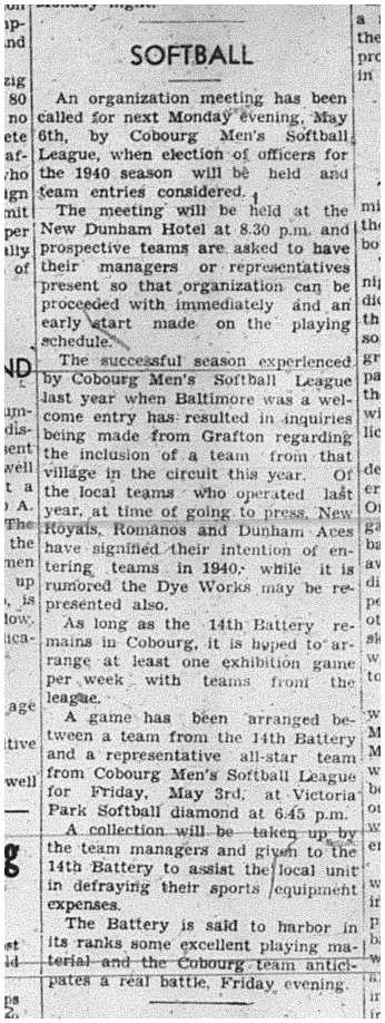 1940-05-02 Softball -Cobourg Mens League Organizes