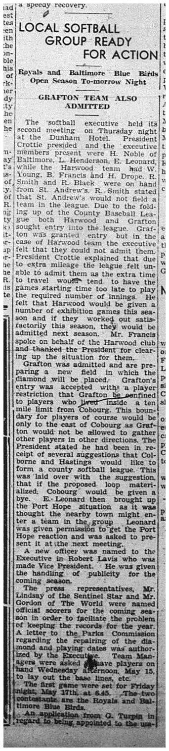 1940-05-16 Softball -Mens League admits Grafton not Harwood