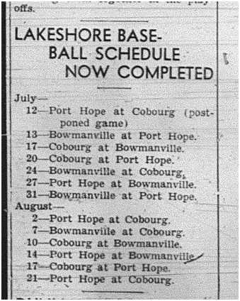 1940-07-11 Baseball -Lakeshore League Schedule