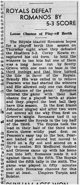 1940-08-01 Softball -Mens League Royals vs Romanos