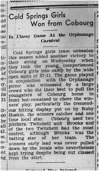 1940-08-08 Softball -Cobourg Girls vs Cold Springs