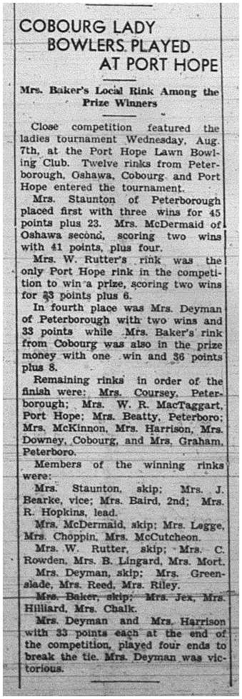 1940-08-15 Lawn Bowling -Cobourg vs PH