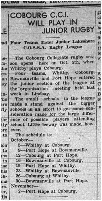1940-10-03 School -COSSA Junior Rugby Schedule
